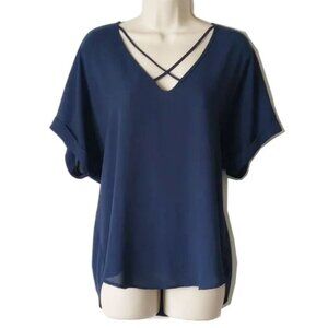 NWOT Lush V-Neck Chiffon Blouse S Blue Strappy Detail Cuffs - 50off3